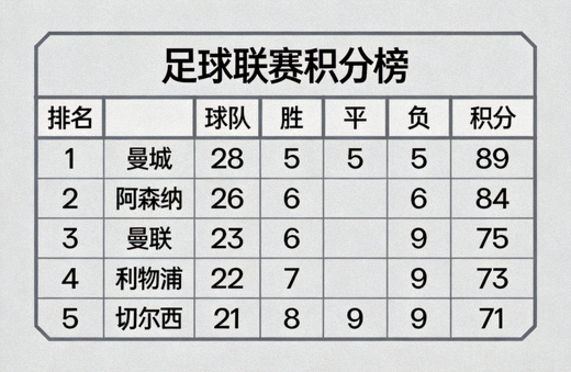 屏幕上显示足球联赛积分榜排名与积分数据